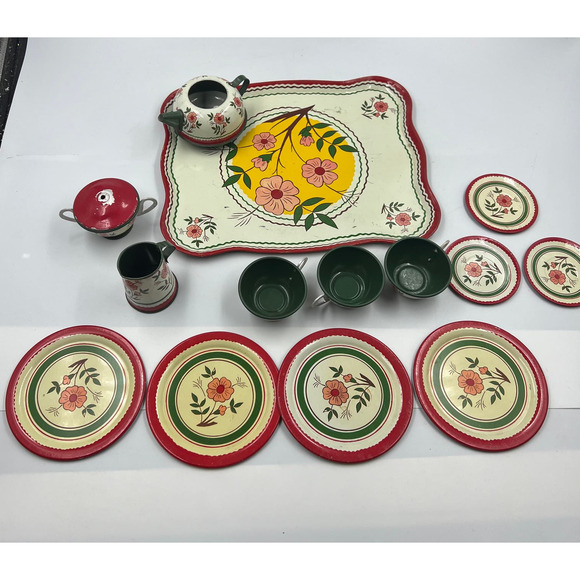 Antique 1930's Tin Ohio Art Co. Bryan Ohio Tea Set 14 Pieces Floral Pattern USA - Picture 11 of 11